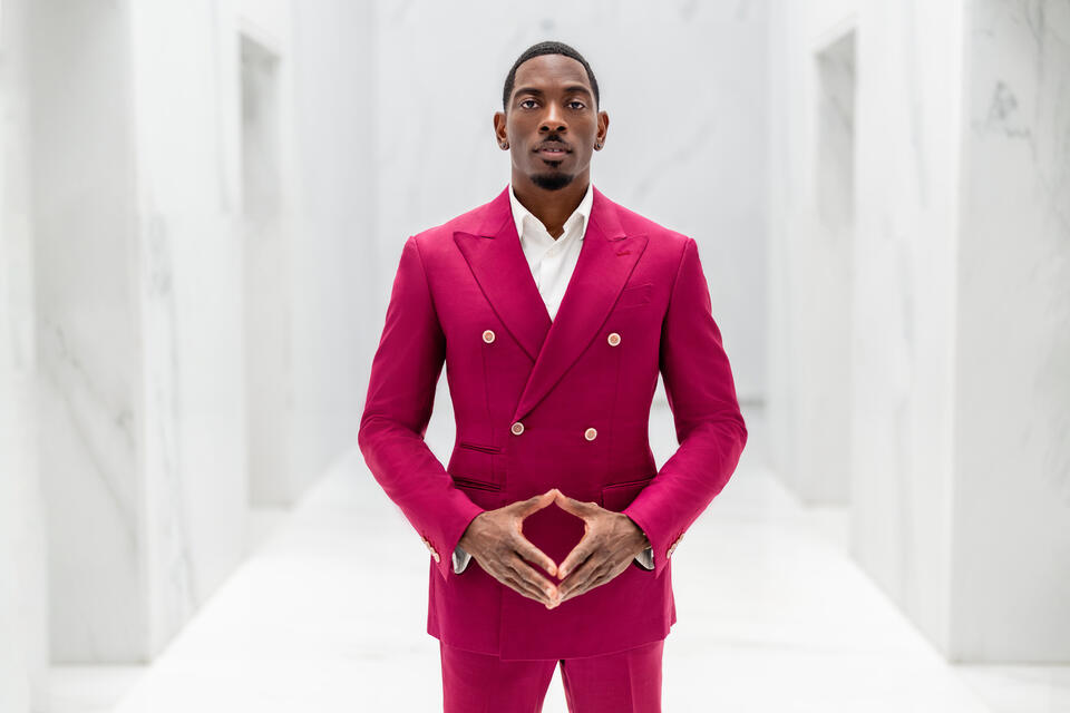 Executive headshot - Man in burgundy double-breasted suit